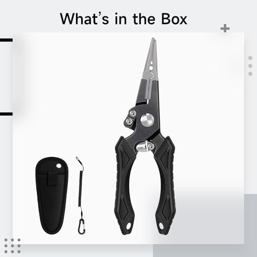 Aluminum Fishing Pliers, Stainless Steel Hook Remover, Tungsten Carbide Cutters, Serrated Jaws, TPR Ergonomic Handle, Includes Sheath and Lanyard