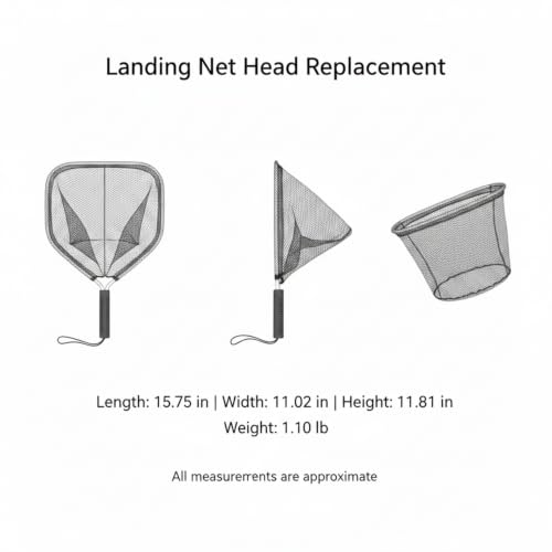 Rubber Mesh Landing Net Head Replacement, Aluminum Alloy Frame for Freshwater Fishing, Smooth Hook Release - size: 15.75 x 11.02 x 11.81"