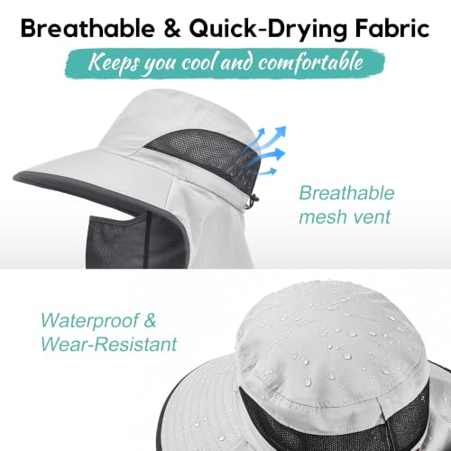 2 Pack Women Men Outdoor Wide Brim Sun Hat with Neck Face Flap,UPF 50+ Protection Fishing Garden Work Hat with Ponytail Hole - color: Light Grey & Beige