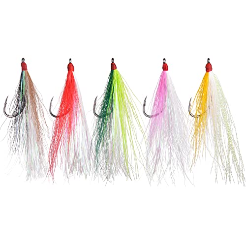 Bucktail Teasers Fishing Hooks Saltwater Flounder Rig Bucktail Mylar Teasers Inserted Fishing Teaser Hooks for Jigs Spoons Lures Hi/Lo Rig Striped Bass Bluefish Flounder Surf Bottom Fishing - color: Black-grey, size: 12pcs