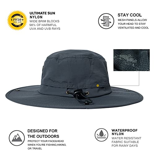 Oversize XL XXL Large Wide Brim Waterproof UPF 50+ Bucket Sun Summer Travel Fishing Hiking Fisherman Hat Detachable Chin - color: 000702_dark Grey, size: X-Large-XX-Large