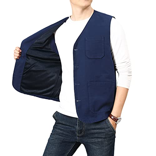 PRIJOUHE Men's Casual Outdoor Cotton Vest Lightweight Breathable Multi-Pocket Fishing Safari Travel Vests Outwear - color: 02-navy, size: XX-Large