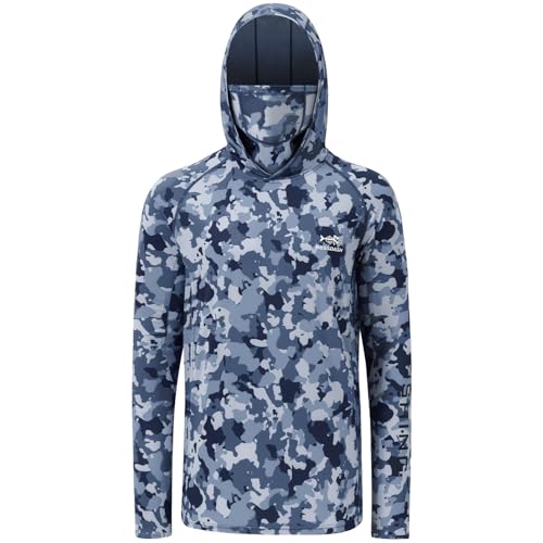 BASSDASH Men’s UPF 50+ Hooded Breathable Camo Shirts with Face Mask Lightweight Neck Gaiter Fishing Hiking Hoodie Shirt FS51M - color: Blue Camo, size: X-Large