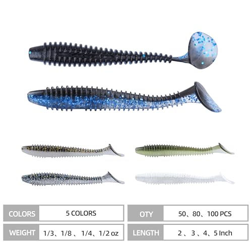 Paddle Tail Swimbaits 100/80/50PCS, 5/4/3/2 inch Soft Fishing Lures Bulk Pack – Durable Lifelike Action Lures for Bass, Trout, Crappie – Freshwater & Saltwater Fishing Gifts - color: Blue-Black, size: 5in, 50pcs