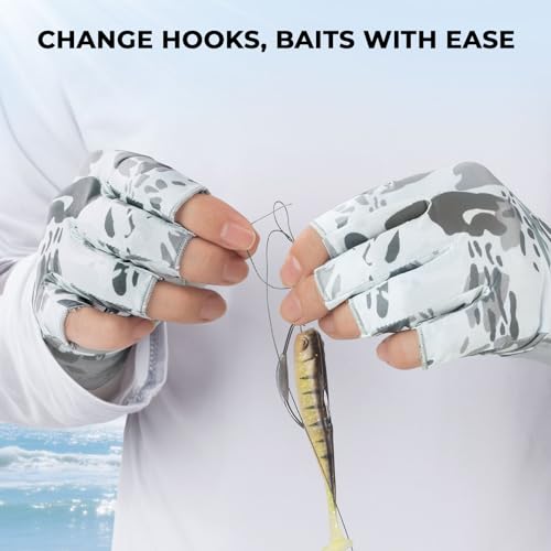 KastKing Agies Fishing Gloves Men, UPF 50+ Sun Gloves UV Protection, Cooling Quick-Dry 3/4 Fingerless Gloves with Extended Cuff, Microfiber Palm & Pull Tabs, for Fishing, Kayaking, Hiking, Hunting - color: X Camo-White, size: Small-Medium