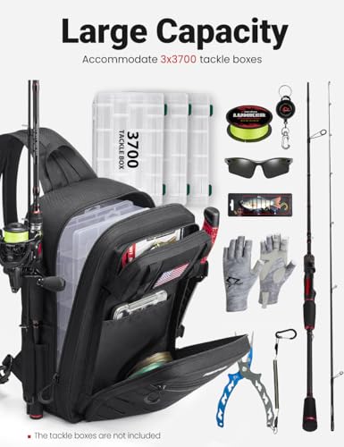 Piscifun Fishing Backpack Tackle Bag with 2 Rod Holders, Multi-Compartment Storage, MOLLE System, Water-Resistant Lightweight Outdoor Pack - color: Double Shoulder - Black, style: Large