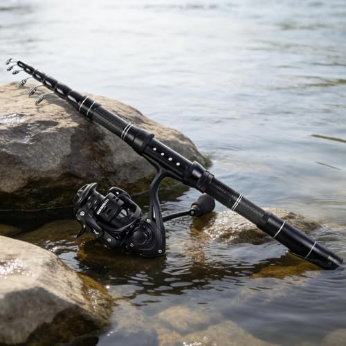 Telescopic Fishing Rod and Reel Combo, Carbon Fiber Collapsible Travel Fishing Pole Kit with Carrier Case & Lures, Anti-Jam Gear for Adults Men Beginners, Freshwater, Saltwater - size: 7.5 ft