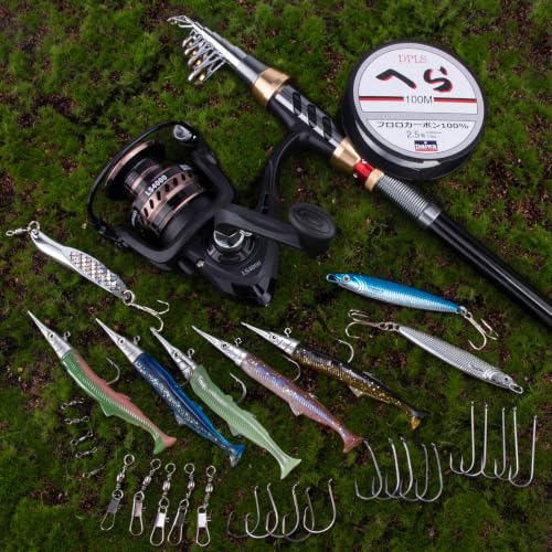Alwonder Fishing Spinning Rod and Reel Combos, Carbon Fiber Telescopic Fishing Rod 4000 Spinning Reel Set Saltwater Freshwater with Jigs Spoon Spinner Sandeel Lures Line Gear Accessories Tackle - size: M - 2.1M/6.89FT