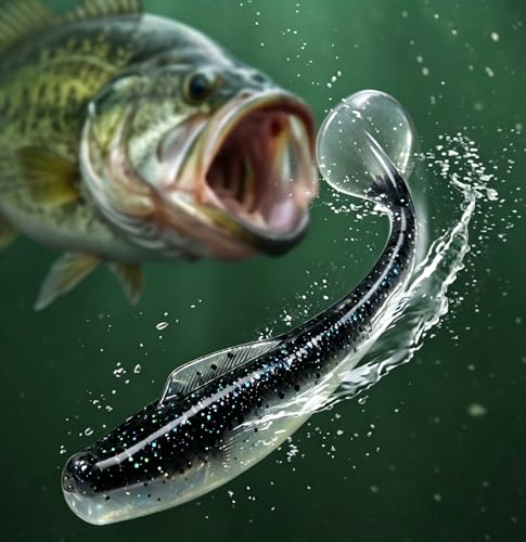 12 Pcs TPR Floating Paddle Tail Swimbaits, 85mm 4.8g Soft Plastic Lures with Strong Kicking Action, Fishing Baits - color: black