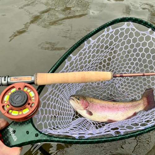 Aventik Fly Floating Fishing Net Carbon Fiber Landing Trout Net Light Weight Clear Rubber Ghost Net Catch & Release - color: Standard Black with Black magnetic release