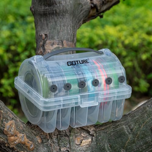Goture Fishing Line Storage Box 1/2Pcs, 6(2 Large + 4 Standard) Slots Fishing Line Case, PP Clear Visibility Fishing Line Organizer, Silicone Holes Line Spool Box - style: 2Pcs - 6 Slots Spool Storage Box