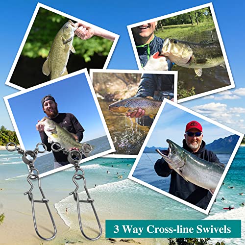 AGOOL Fishing 3 Way Swivel Snaps - 30pcs T-Turn Fishing Swivels Triple Swivels Cross Line Duo Lock Snap Swivels Fishing Lure Connectors Fishing Tackle for Trolling Catfish Rig Saltwater Freshwater - size: 6# (33lb) - 30pcs