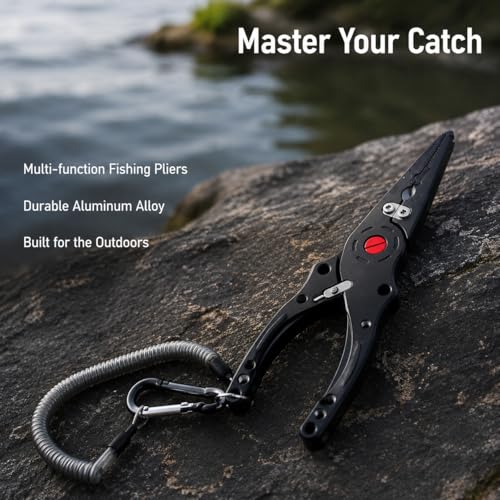 Aluminum Alloy Fishing Pliers with Cutter, Hook Removal & Split Loop Tool, Nylon Sheath Included, 300g Lightweight, Black - color: Black