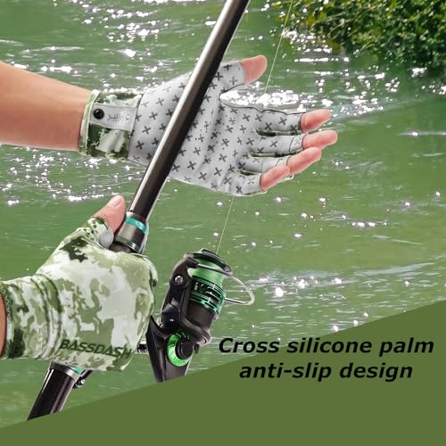 BASSDASH 3/4 Finger UPF 50+ Sun Gloves Breathable Anti-Slip Silicone Palm for Men Women Fishing Fingerless Cycling Running - color: Moss Shadow Camo, size: Small