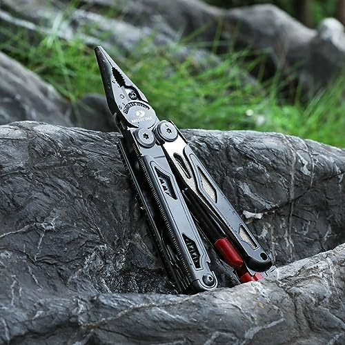 MOSSY OAK 19-in-1 Multitool Pliers Stainless Steel Self-Locking | Includes fire starter, window breaker, whistle, and sheath for camping, hiking, survival, and outdoor adventures - style: 19-in-1 with Fire Starter & Whistle