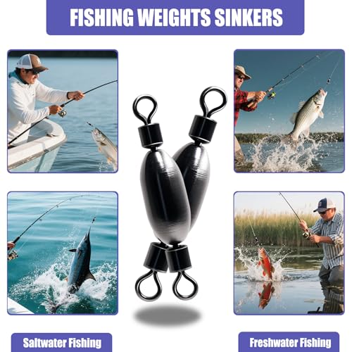 Natufish Fishing Sinkers – Bullet Weights, Drop Shot Weights, Bank Fishing Weights with Quick-Change Swivel for Saltwater/Freshwater – Brass Lead Weights Fishing Kit for Bass, Catfish - size: 40pcs-Six Sizes