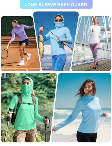 isnowood Women's Sun Protection Hoodie UPF 50+ Hiking Fishing Shirt, Long Sleeve UV Rash Guard with Face Mask Lightweight - color: Light Grey, size: XX-Large