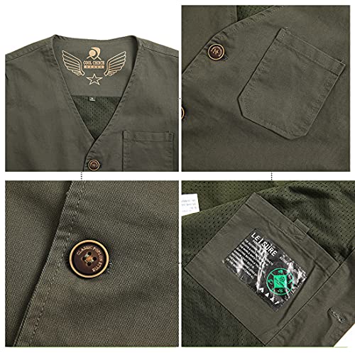 PRIJOUHE Men's Casual Outdoor Cotton Vest Lightweight Breathable Multi-Pocket Fishing Safari Travel Vests Outwear - color: 02-green, size: Medium
