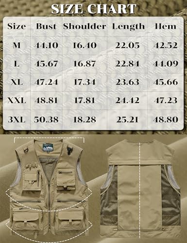 Men's Lightweight Mesh Fishing Vest Utility Outdoor Multi-Pocket Hunting Cargo Vest - color: Khaki, size: Large
