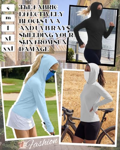 Xaatren 3 Pack Women's UPF 50+ Sun Hoodies with Face Mask Thumb Holes Quick Dry Fishing Shirts UV Protection Hiking Shirt - color: Black, Gray, Blue, size: X-Large