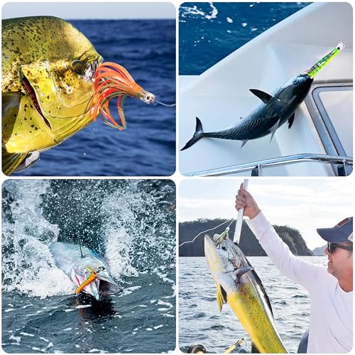 Saltwater Fishing Lures 6/9inch Trolling Lures for Marlin Mahi Tuna Dolphin Shark Big Game Deep Sea Fishing Baits Squid Skirts Rigged Hooks Ocean Gear Tackle - color: Yellow-1pcs, size: 9inch