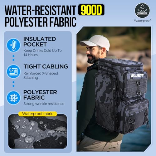 PLUSINNO Fishing Tackle Backpack with Rod Holders,42L Water-resistant Fishing Bag Store Fishing Gear, Fisher Gifts For Men. - color: Black Camo(4 Tackle Boxes Included)