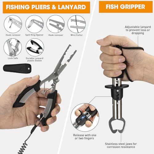 THKFISH 85Pcs Fishing Tool Kit, Fishing Backpack with Tackle Boxes Included, Fishing Tackle Kit Include Fishing Bait Lure Gear Kit, Fishing Pliers, Fish Hook Remover, Lip Gripper - color: Army Green