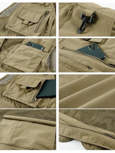 Lucrosun Men's Lightweight Outdoor Fishing Vest Utility Safari Vest with Pockets - color: Khaki, size: Medium