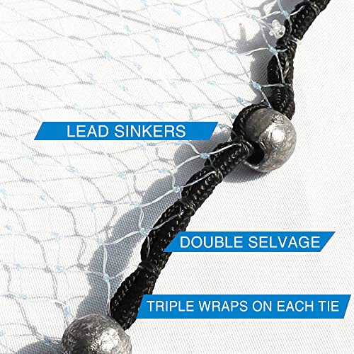 BasicGear Pancake Cast Net – Heavy-Duty 1.0+ lb/ft Weights, 4ft to 12ft Radius, Multiple Mesh Sizes, Pro Grade, Freshwater & Saltwater - size: 12ft Radius, style: 1.25 Lb, 1/4" Sq Mesh