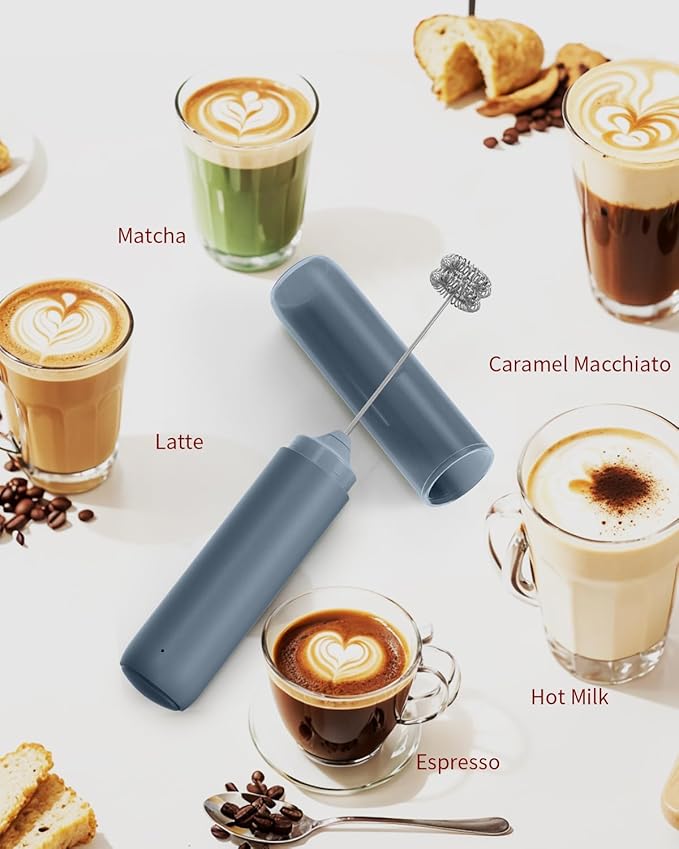 CIRCLE JOY Rechargeable Milk Frother Hanheld, Dual Ring Electric Coffee Frother, Portable Hand Frother Wand Drink Mixer for Matcha Lattes Cappuccino, Kitchen Gifts, Blue