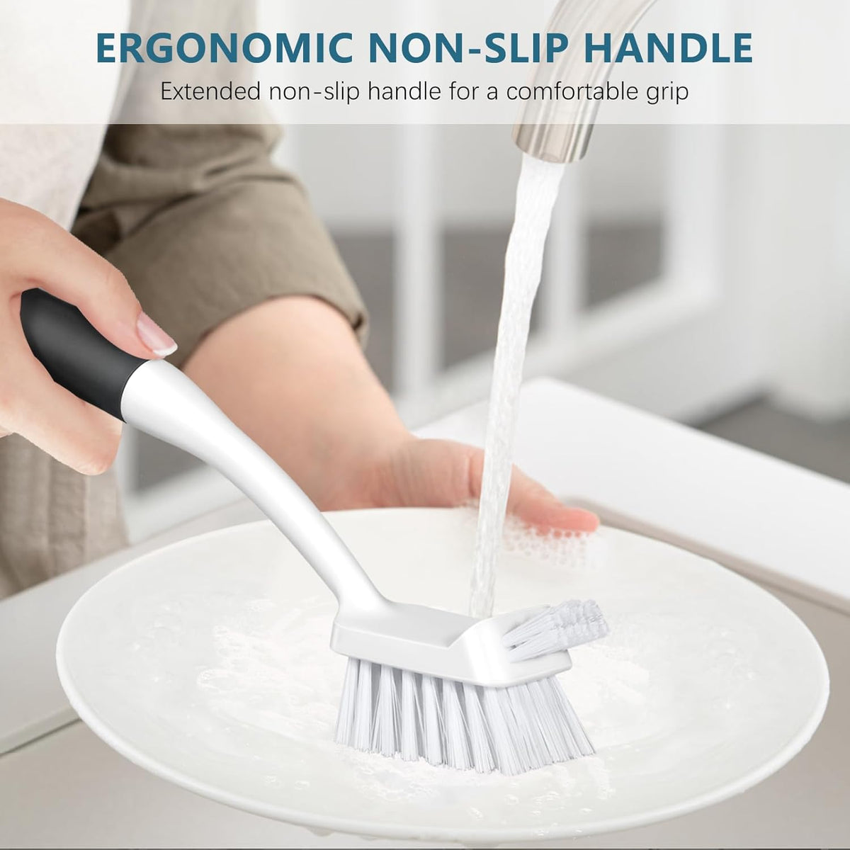 SetSail Dish Brush Set of 3 with Bottle Brush, Dish Scrub Brush with Long Handle Deep Cleaning Handle Brush with Scraper Tip for Kitchen Sink Dishes Bottle Cup Pot and Pans Tile Lines, Black