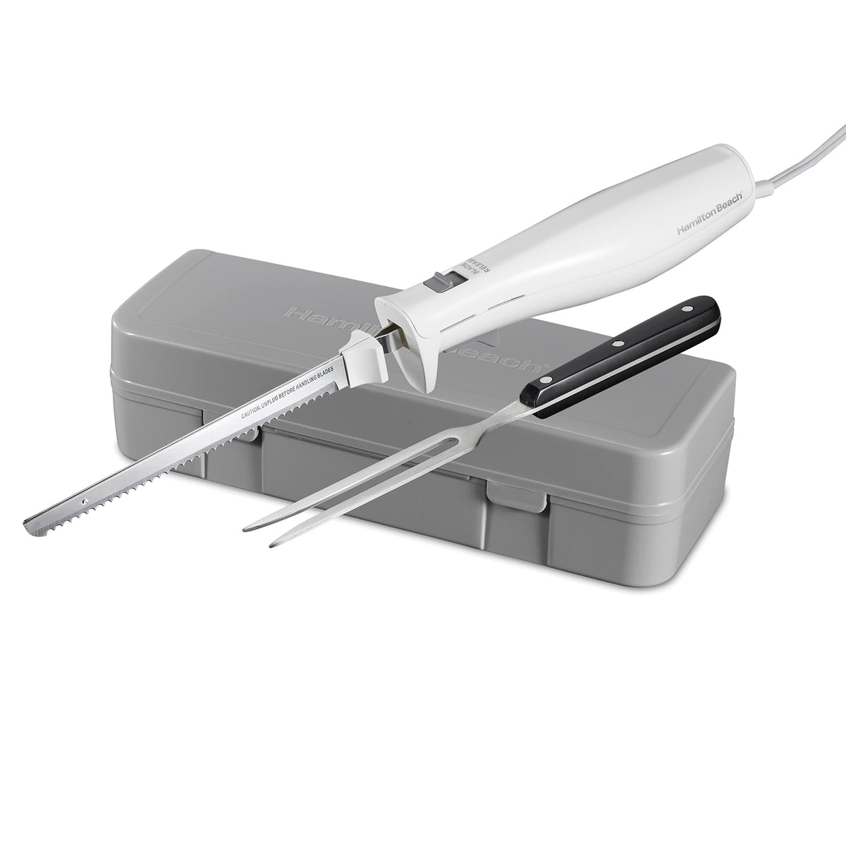 Hamilton Beach Electric Knife Set for Carving Meats, Poultry, Bread, Crafting Foam & More, Reciprocating Serrated Stainless Steel Blades, Ergonomic Design Storage Case + Fork Included, 5 Foot Cord