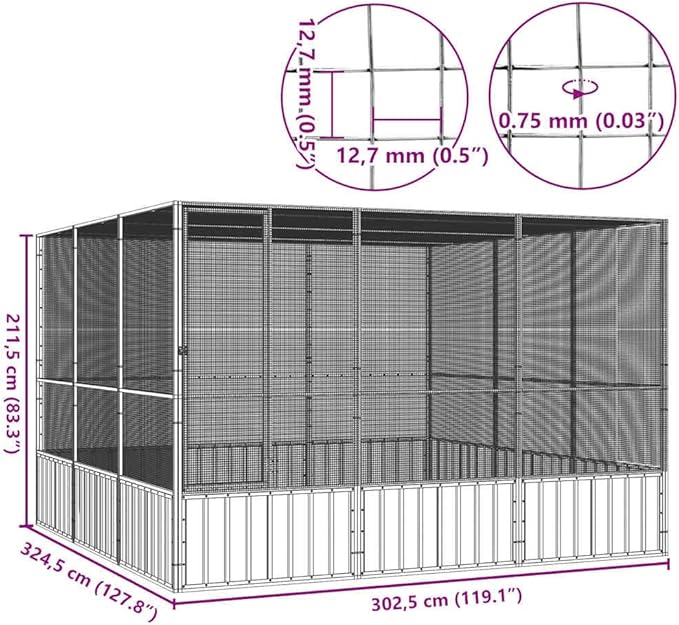 Metal Steel Large Bird Cage for Budgies, Pigeons, Galvanized Steel Birdcage Aviary House, 119.1"x127.8"x83.3", Gray,-573