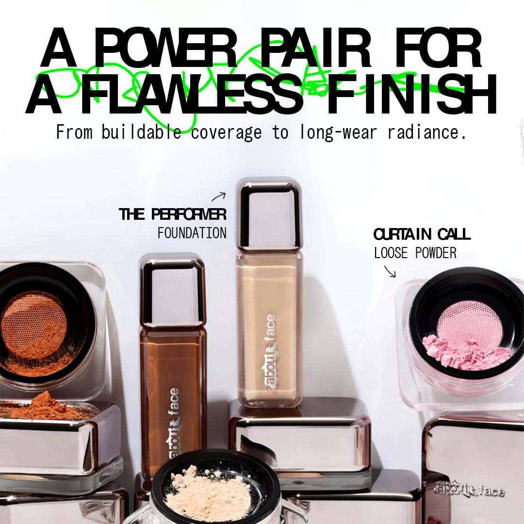 about-face Curtain Call Set & Smooth Loose Powder Partition – Lightweight, Oil-Absorbing Setting Powder with Rice Starch & Corn-Based Talc Alternative – Vegan, Cruelty-Free – 0.35oz (Medium Deep)