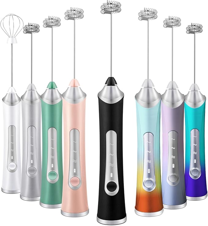 Rechargeable Milk Frother Handheld For Coffee,3 Speeds Frother Wand With Stand, Batidora De Mano Electrica,Coffee Frother With 2 Heads,Drink Mixer Electric Handheld,Kitchen Essentials (White)