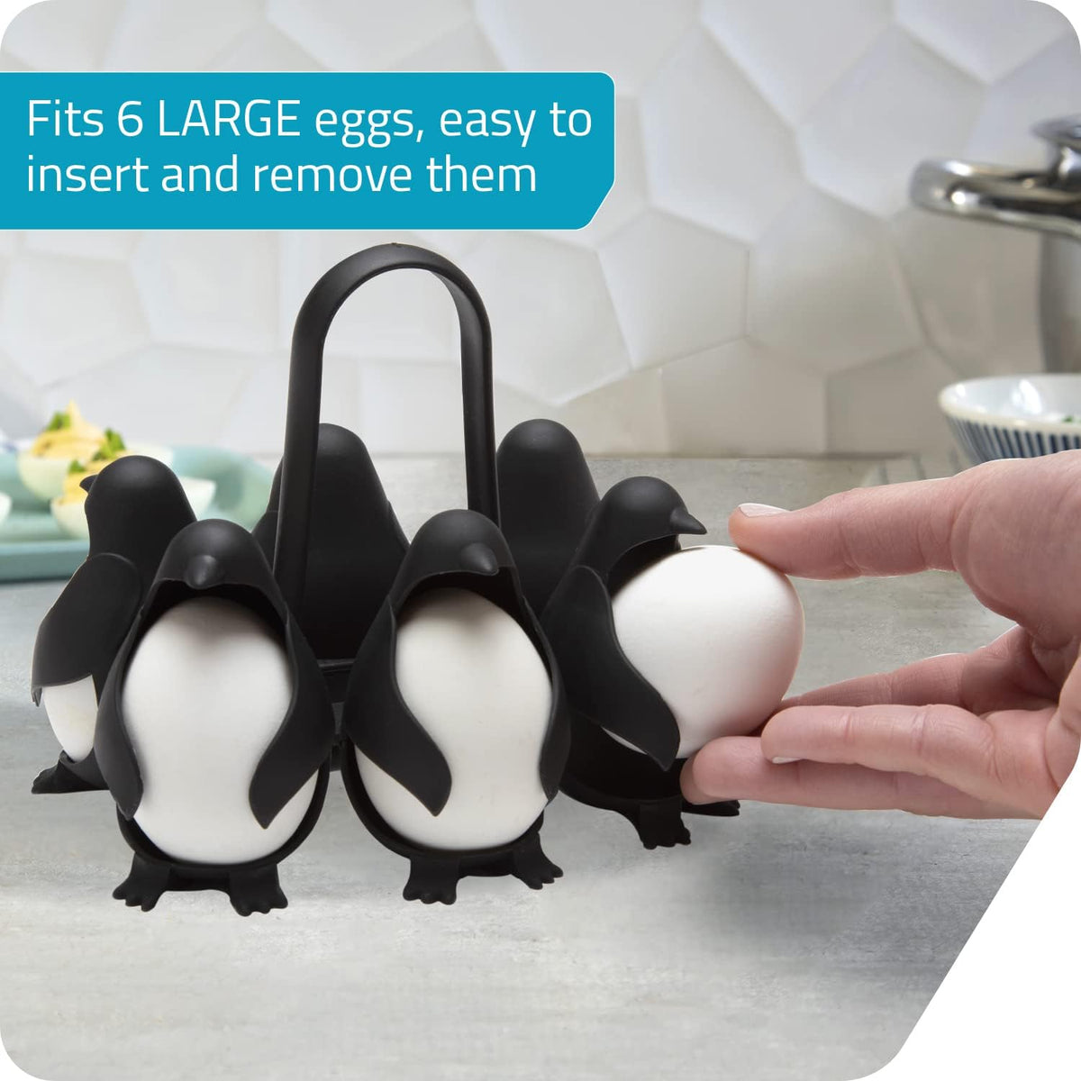 PELEG DESIGN Egguins 3-in-1 Cook, Store and Serve Egg Holder, Penguin-Shaped Boiled Egg Cooker for Making Soft or Hard Boiled Eggs, Eggies, Holds 6 Eggs for Easy Cooking and Fridge Storage