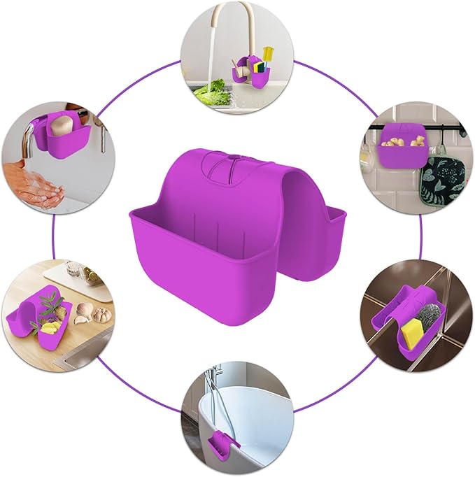 Sponge Holder for Kitchen Sink, Silicone Sink Saddle Caddy Organizer Rack, Sponges Holder Over Faucet, Hanging Kitchen Organizer Accessories Rack Basket Purple
