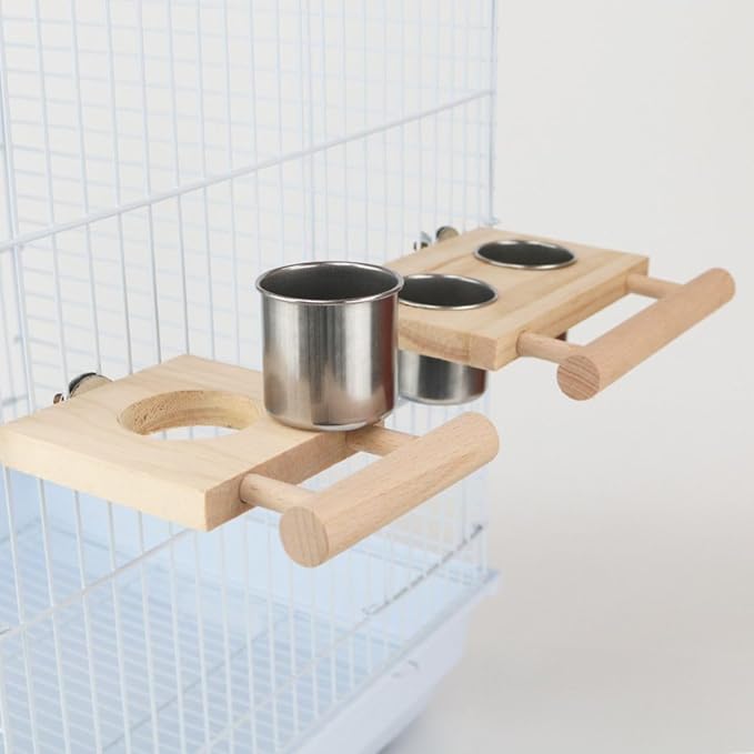 Bird Food Stainless Steel Cups Wooden Perch Stand Hanging Feeder Bowls Feeding and Watering Supplies for Parakeets Conures Cockatiels Budgie Parrot (L)