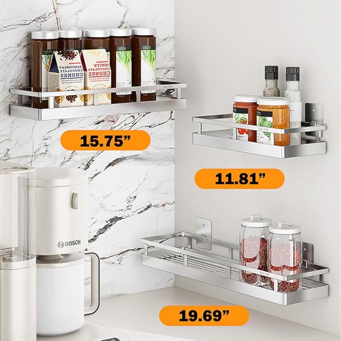 2PCS Kitchen Spice Rack, SUS304 Stainless steel Wall Mount Storage Rack, Seasoning Container, 15.7Inch Spice Organizer, Kitchen Seasoning Hanging Rack, Bathroom Shelf for Storing Toiletries