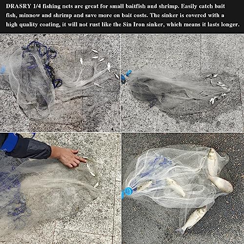 Drasry Saltwater Fishing Cast Net 3/8 and 1/4 Mesh with Heavy Duty Gray Sinker American Monofilament Fish Throw Net for Bait Trap 3FT 4FT 5FT 6FT 7FT 8FT 9FT Radius - size: 9FT Radius, style: 1/4 Mesh 0.88 Lb/Ft