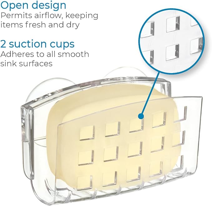 iDesign BPA-Free Plastic Sponge Holder for Kitchen Sink with Suction Cups, Ideal for Kitchen Sinks and Bathroom Organization, 3.75" x 2" x 2", Clear