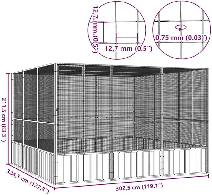 Metal Steel Large Bird Cage for Budgies, Pigeons, Galvanized Steel Birdcage Aviary House, 119.1"x127.8"x83.3", Anthracite,-570