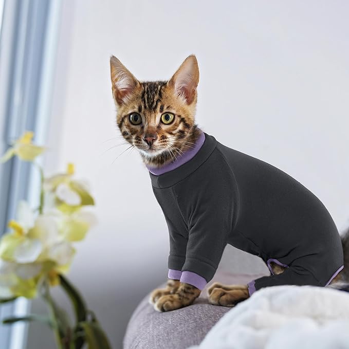 PUMYPOREITY Sticky Hair Cat Clothes, Prevent Hair Loss Cat Pajamas, Soft Cat Sweaters for Cats Only, Cat Hair Sticky Onesie, Cat Recovery Suit After Surgery, Black, M