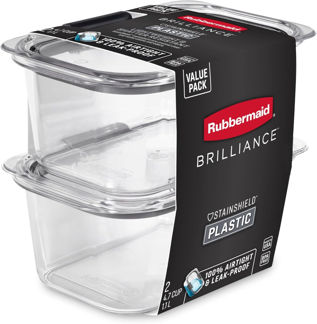 Rubbermaid Brilliance BPA-Free Food Storage Containers, Medium Deep, 4.7 Cup, 2-Pack, Airtight & Leak-Proof, Microwave & Dishwasher Safe