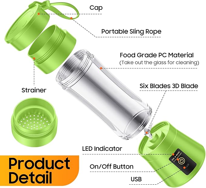 Portable Blender Personal Size Blender - 12 Oz BPA Free Travel Cup Make Smoothies and Shakes, Cordless USB Rechargeable, Lightweight Suit in Travel/Gym/Office