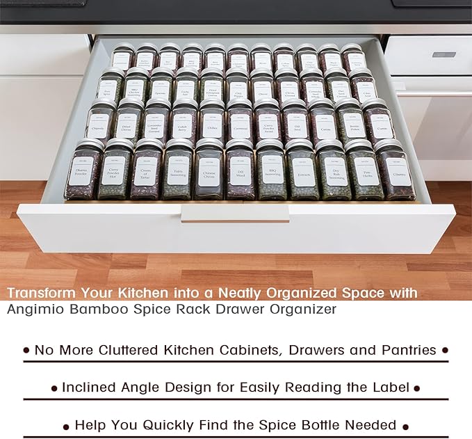 Bamboo Spice Rack Drawer Organizer - 8 Pieces Set- 10" Wide Per Piece - Combine Pieces Into 20" Wide Rack (10" or 20")
