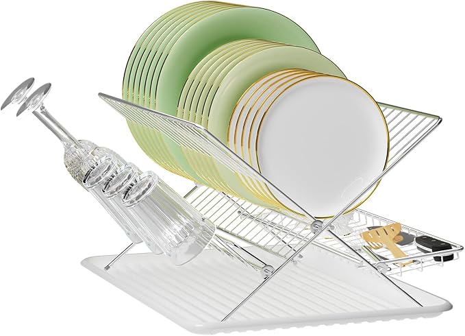 Dish Rack with Drip Tray, Stainless Steel 3-Tier Collapsible Drainer Dish Drying Rack for Kitchen Counter, Sink, Countertop,Cutlery, Dishes Utensils Flatware Holder Set, Reversible Cup Draining Rack