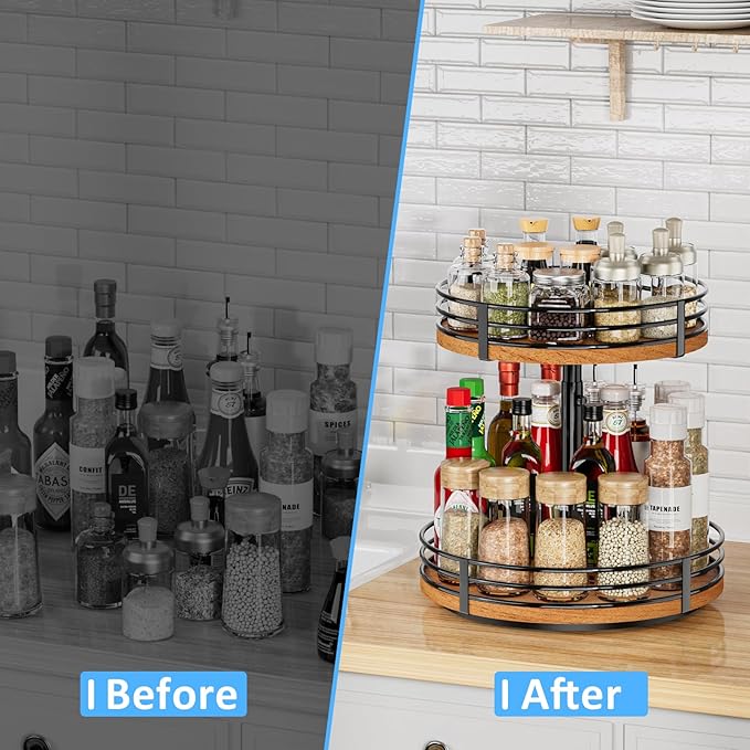 Lazy Susan Turntable Organizer Adjustable - 2 Tier Wood Rotating Spice Rack 12 Inch Lazy Susan for Kitchen Countertop Cabinet Pantry Cupboard Dining Table Bathroom Coffee Bar Home Storage