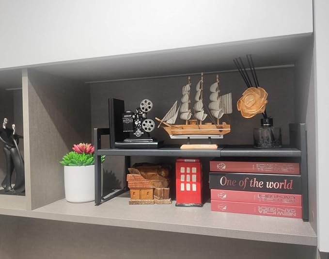 2 Pack Expandable Cabinet Shelf Organizer 16-26" L Stackable Kitchen Counter Shelves Rack Stand Sink Riser Countertop Storage Black (Normal 7.9”D)