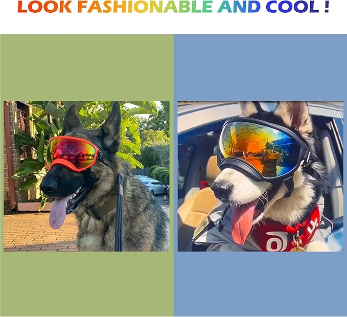 Large Dog Sunglasses with Adjustable Strap UV Protection, Winproof Puppy Sunglasses, Suitable for Medium-Large Pet Glasses, Dogs Eyes Soft Goggles, Khaki Colours